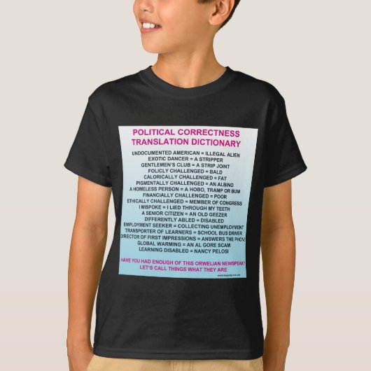POLITIEKE CORRECTIEVERTALING DICTIONAIR T-SHIRT (Voorkant)