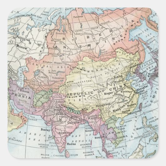Politieke kaart van Azië (1916) Vierkante Sticker (Voorkant)