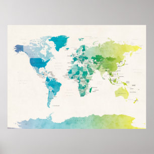 Politieke kaart van de waterverf in de wereld poster