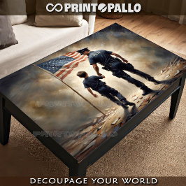 Politieman en een jongen met Amerikaanse vlag - Pa Tissuepapier