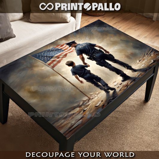 Politieman en een jongen met Amerikaanse vlag - Pa Tissuepapier