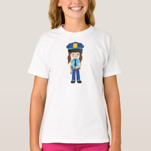 Politiemeisje, politieagent, Cop, bruin haar T-shirt