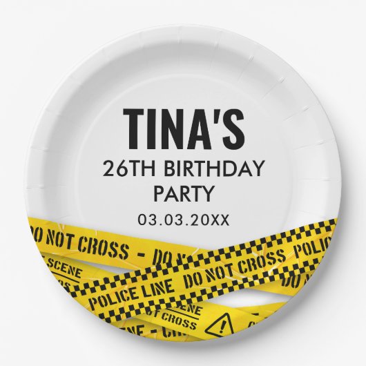 Politiepartij met gele misdaadscène banden papieren bordje (Voorkant)