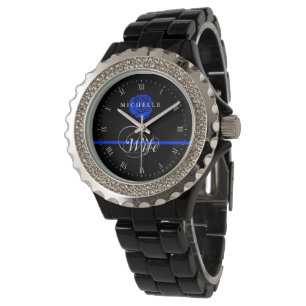 Politievrouw Thin Blue Line Roos Aangepaste naam Horloge