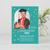 Polka Dot Afstuderen Confetti Blauwgroen Gouden Fo Kaart (Staand voorkant)