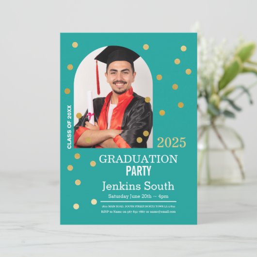 Polka Dot Afstuderen Confetti Blauwgroen Gouden Fo Kaart (Staand voorkant)