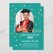 Polka Dot Afstuderen Confetti Blauwgroen Gouden Fo Kaart (Voorkant / Achterkant)