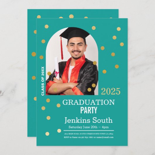 Polka Dot Afstuderen Confetti Blauwgroen Gouden Fo Kaart (Voorkant / Achterkant)