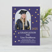 Polka Dot Afstuderen Confetti Navy Gold Foto Kaart (Staand voorkant)