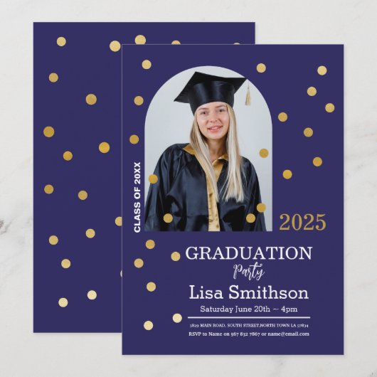 Polka Dot Afstuderen Confetti Navy Gold Foto Kaart (Voorkant / Achterkant)