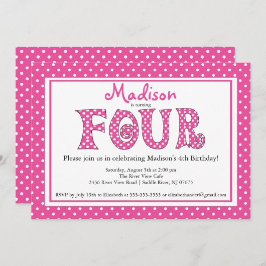 Polka Dot Alphabet 4e verjaardag uitnodiging (Voorkant / Achterkant)