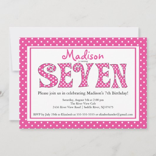 Polka Dot Alphabet 7th Birthday Party Invitation Kaart (Voorkant)