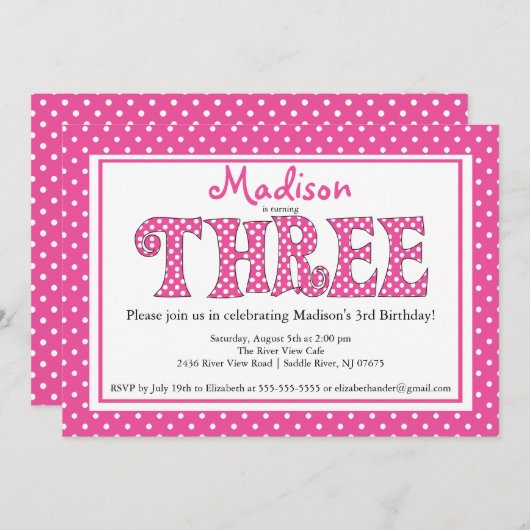 Polka Dot Alphabet derde uitnodiging van de verjaa (Voorkant / Achterkant)
