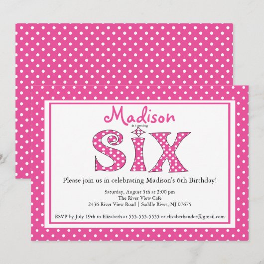 Polka Dot Alphabet Zesde uitnodiging van de Partij (Voorkant / Achterkant)
