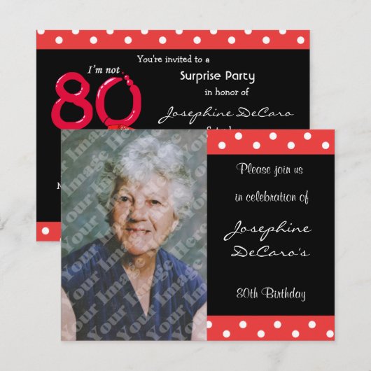 Polka Dot and Red Bubble 80th Birthday Celebration Kaart (Voorkant / Achterkant)