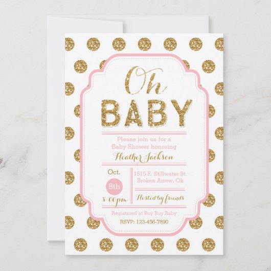 Polka Dot Baby shower Invitation - Roze en Goud Kaart (Voorkant)