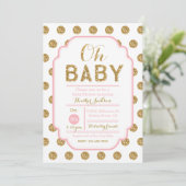 Polka Dot Baby shower Invitation - Roze en Goud Kaart (Staand voorkant)