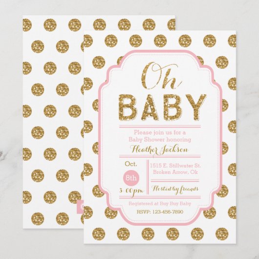Polka Dot Baby shower Invitation - Roze en Goud Kaart (Voorkant / Achterkant)
