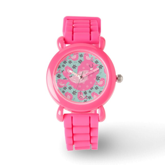 Polka Dot Birds and Flowers Horloge (Voorkant)