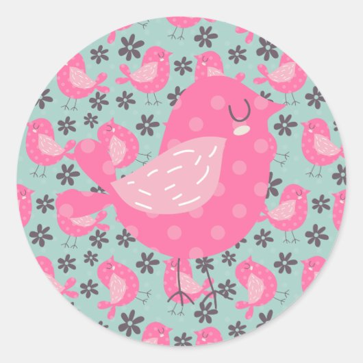 Polka Dot Birds and Flowers Ronde Sticker (Voorkant)