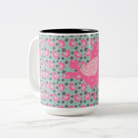 Polka Dot Birds and Flowers Tweekleurige Koffiemok (Voorkant links)