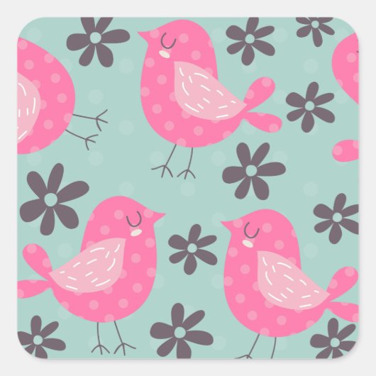 Polka Dot Birds and Flowers Vierkante Sticker (Voorkant)
