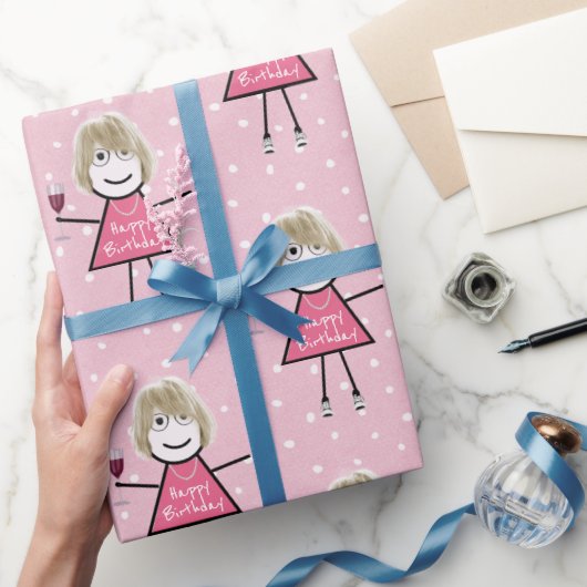 Polka Dot Birthday Stick Girl met wijn Cadeaupapier (Geschenken)