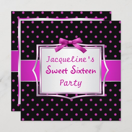 Polka dot black and hot roze Sweet 16 Uitnodiging (Voorkant / Achterkant)