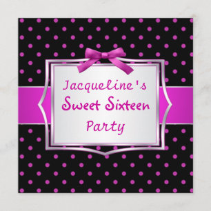 Polka dot black and hot roze Sweet 16 Uitnodiging