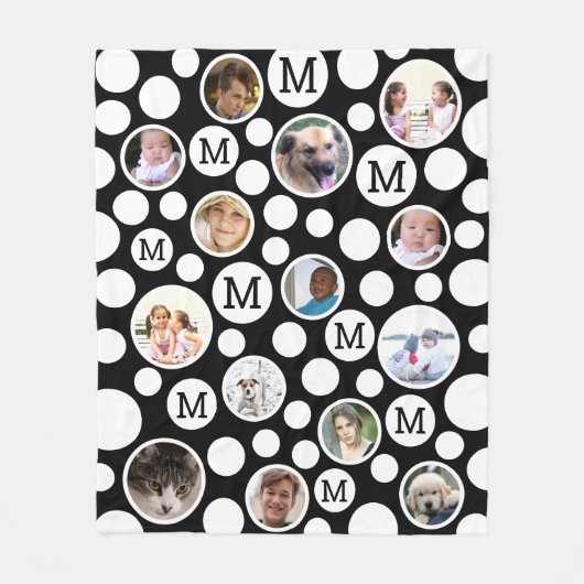 Polka Dot Black White Monogram 14 Foto Collage Fleece Deken (Voorkant)