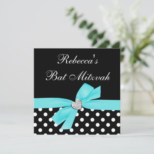 Polka Dot Blauwgroen Blue Black Bow Heart Bat Mitz Kaart (Staand voorkant)