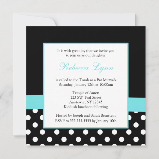 Polka Dot Blauwgroen Blue Black Bow Heart Bat Mitz Kaart (Achterkant)