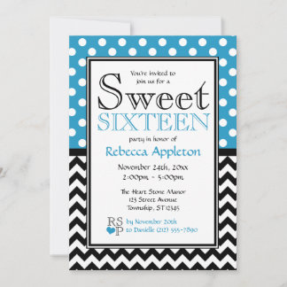 Polka Dot Blue en Chevron Sweet Sixteen-uitnodigin Kaart