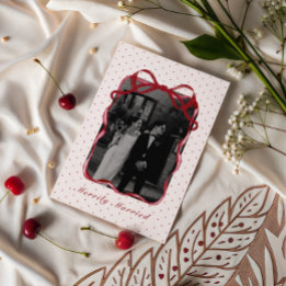 Polka Dot Bow Photo Merrily Married Couple Wedding Feestdagenkaart