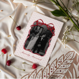 Polka Dot Bow Photo Merrily Married Couple Wedding Feestdagenkaart