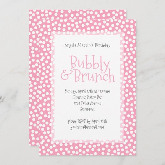 Polka Dot Bubbly en Brunch Roze Uitnodiging (Voorkant / Achterkant)