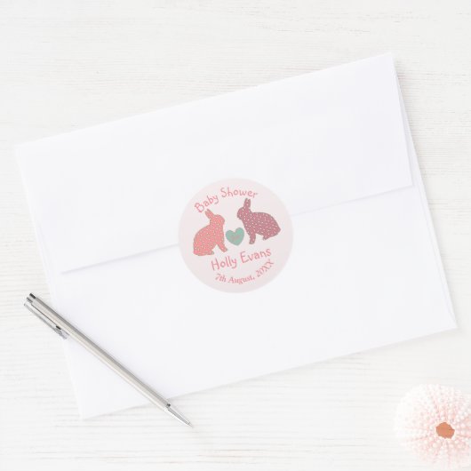 Polka Dot Bunnies Custom Baby shower Ronde Sticker (Envelop)