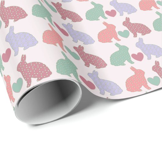 Polka Dot Bunnies en Hearts Pattern on Pink Cadeaupapier (Rol Hoek)