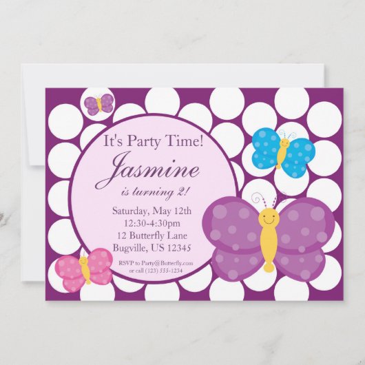 Polka dot Butterfly Birthday Party Invitation Kaart (Voorkant)