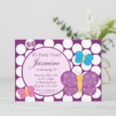 Polka dot Butterfly Birthday Party Invitation Kaart (Staand voorkant)