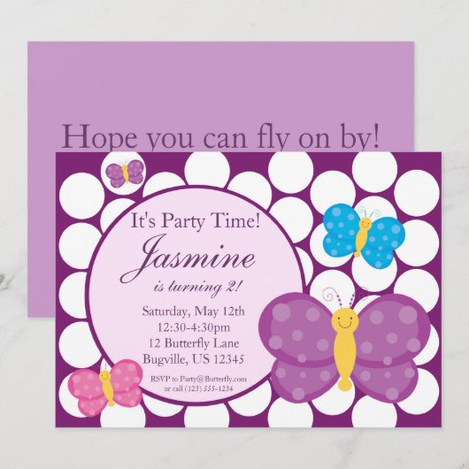 Polka dot Butterfly Birthday Party Invitation Kaart (Voorkant / Achterkant)