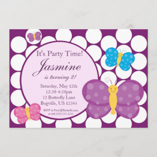 Polka dot Butterfly Birthday Party Invitation Kaart