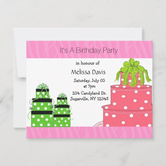 Polka Dot Cake and Cadeaus Birthday Invitation Kaart (Voorkant)
