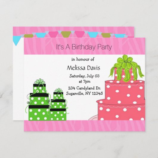 Polka Dot Cake and Cadeaus Birthday Invitation Kaart (Voorkant / Achterkant)
