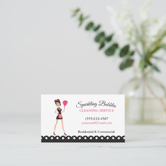 Polka Dot Cartoon Maid House Cleaning Service Visitekaartje (Staand voorkant)