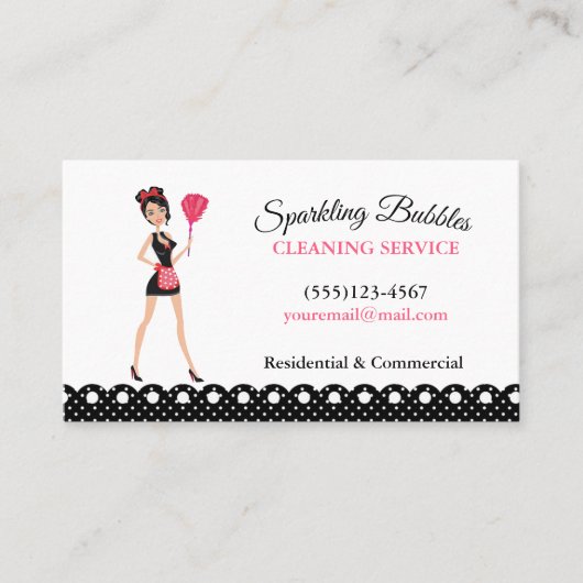 Polka Dot Cartoon Maid House Cleaning Service Visitekaartje (Voorkant)