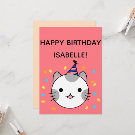 Polka Dot Cat | Happy Birthday Greeting Flat Kaart (Voorkant / Achterkant in situ)