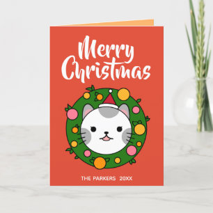 Polka Dot Cat Wreath Red   Kerstafoto Merry Feestdagen Kaart
