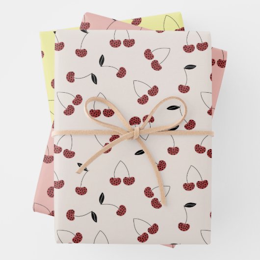 Polka Dot Cherry Pattern Cream Wit Geel Roze Inpakpapier Vel (In situ)