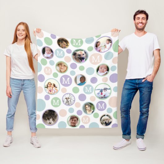 Polka Dot Cute Pastels Monogram 14 Foto Collage Fleece Deken (In situ)